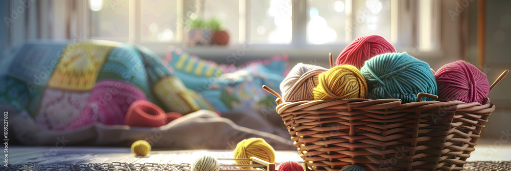 Naklejka premium Basket of Wool Yarn and Knitting Needles Beside a Knit Throw