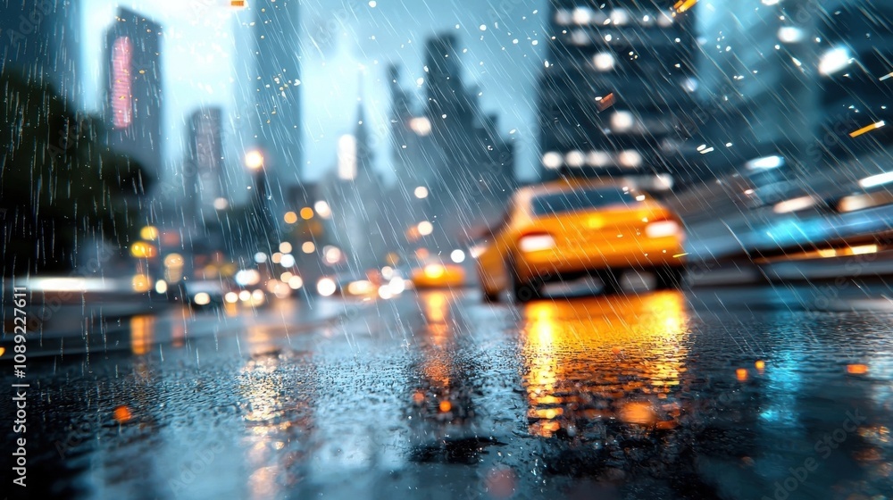 Blurred cityscape depicting a rainy night in a vibrant urban setting with a street illuminated by the glow of taxi lights and reflections in the wet pavement Blurred cityscape depicting a rainy night in a vibrant urban setting with a street illuminated by the glow of taxi lights and reflections in the wet pavement