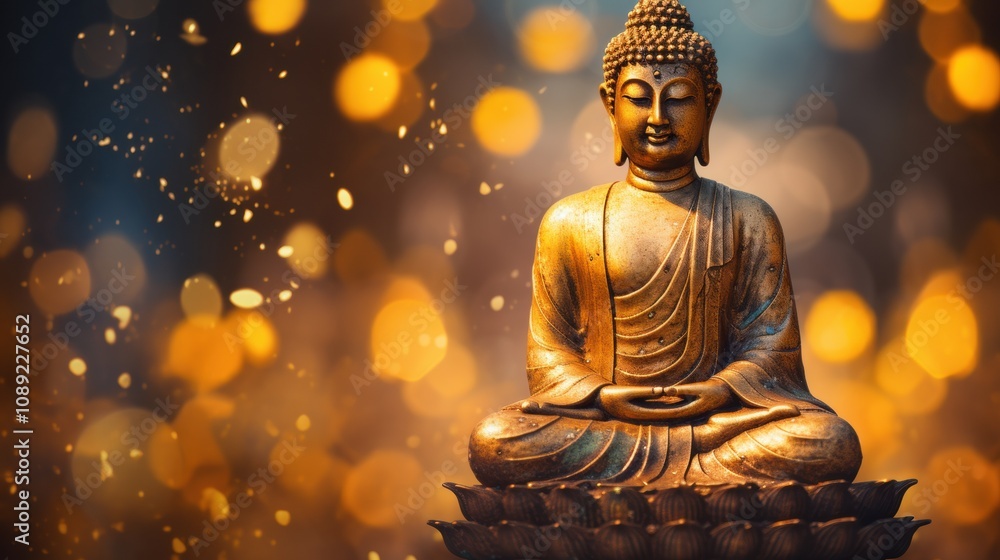 photograph of Golden Buddha statue surrounded by shimmering lights on a bright background. photograph of Golden Buddha statue surrounded by shimmering lights on a bright background.