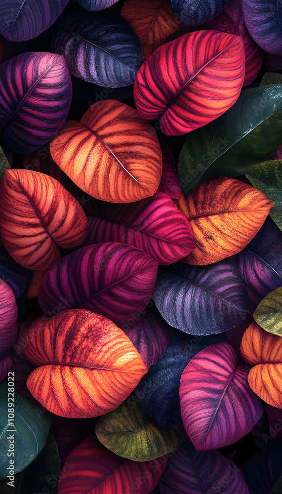 Vibrant, colorful leaves densely packed together, showcasing diverse shades of orange, purple, red, and green. Detailed leaf veins are prominent, creating a rich textural pattern. Vibrant, colorful leaves densely packed together, showcasing diverse shades of orange, purple, red, and green. Detailed leaf veins are prominent, creating a rich textural pattern.