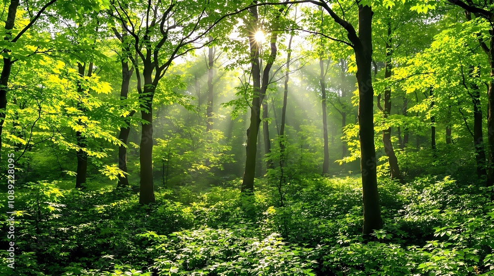 Naklejka premium Sunlight in the forest, Lush green forest, sunbeams streaming through trees