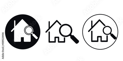 Set of house icons with a magnifying glass in black and white variations. Search and real estate concept