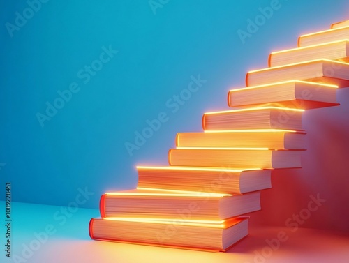 Glowing Staircase of Books Leading to the Sky Symbolizing the Journey of Learning and Ascent to Knowledge