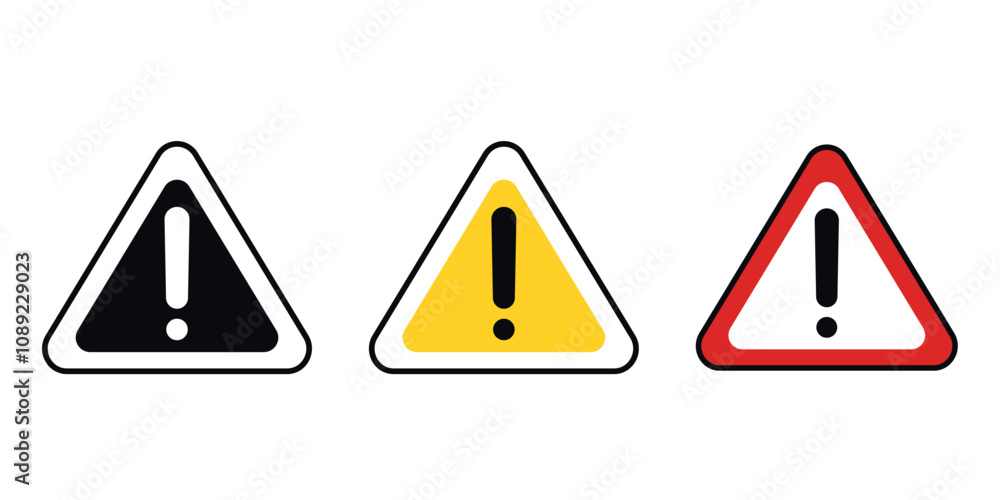 Set of three warning signs in black, yellow, and red variations with exclamation marks. Caution icon concept Set of three warning signs in black, yellow, and red variations with exclamation marks. Caution icon concept
