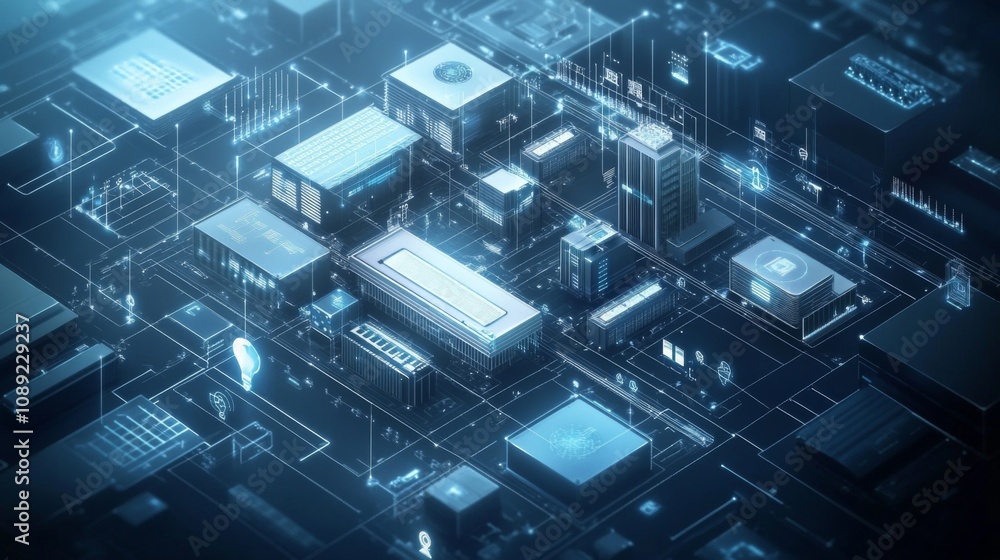 Aerial View of Futuristic Cityscape with Unique Building Designs and Interconnectedness Represented by Network Lines, Icons, and Symbols. Aerial View of Futuristic Cityscape with Unique Building Designs and Interconnectedness Represented by Network Lines, Icons, and Symbols.