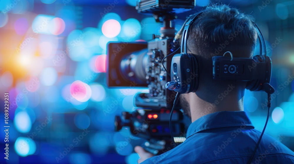 Professional cameraman wearing headphones, operating a high-end video camera surrounded by vibrant bokeh lighting in a studio setting. Professional cameraman wearing headphones, operating a high-end video camera surrounded by vibrant bokeh lighting in a studio setting.