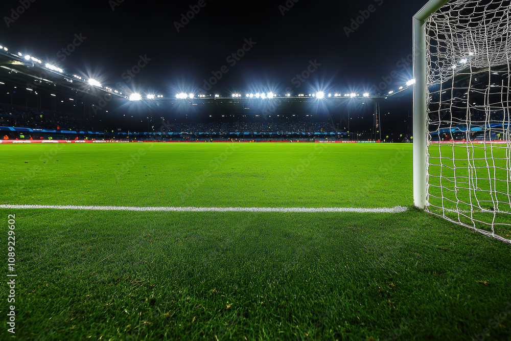 Fototapeta premium A soccer ball is on the field in front of a goal. The field is lit up and the ball is in the foreground