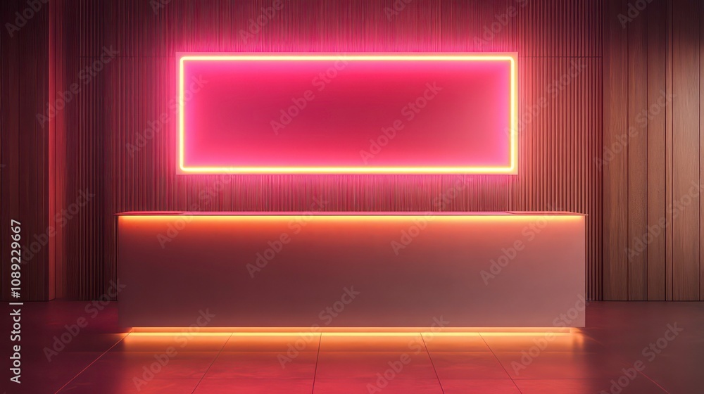A modern, minimalist reception desk with glowing neon lights. The desk is white, the walls are wood, and the lights are pink and orange. A modern, minimalist reception desk with glowing neon lights. The desk is white, the walls are wood, and the lights are pink and orange.