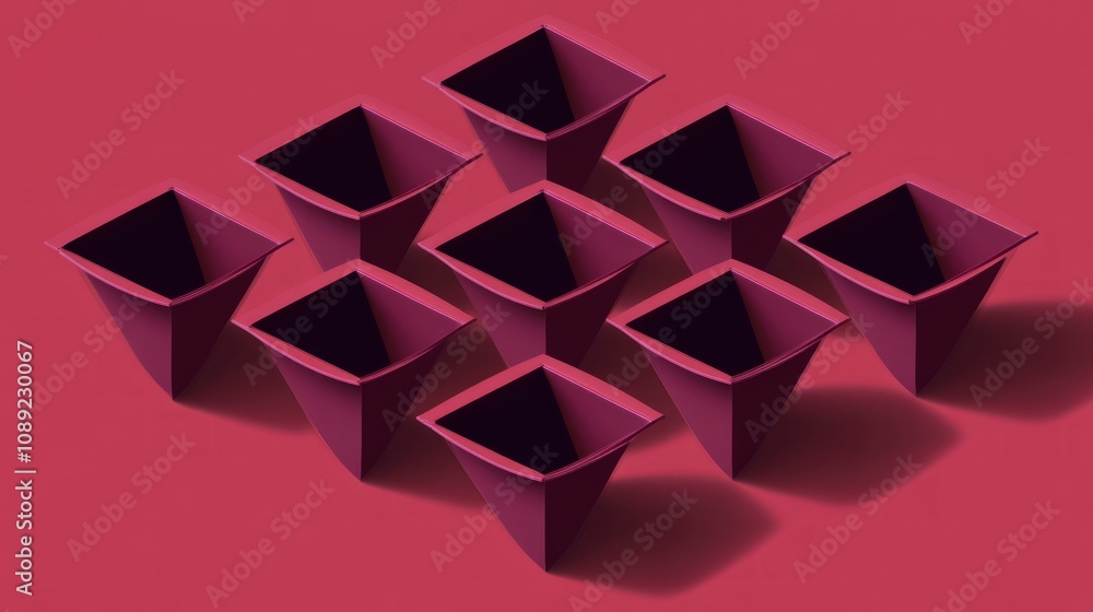 A geometric arrangement of ten purple, tapered pots against a red background. A geometric arrangement of ten purple, tapered pots against a red background.