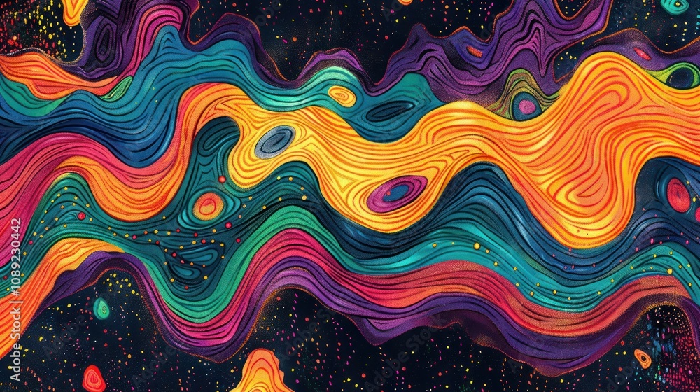 Obraz premium Abstract colorful wavy lines and cosmic dust particles on dark background.