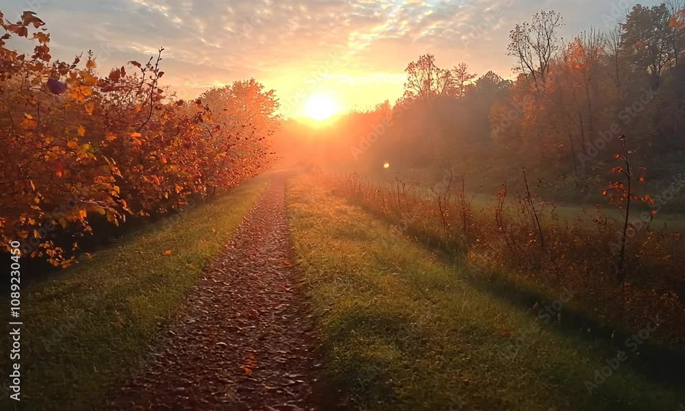 A serene path through autumn foliage at sunrise. A serene path through autumn foliage at sunrise.