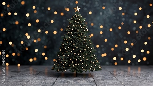Christmas tree adorned with lights against a bokeh background.