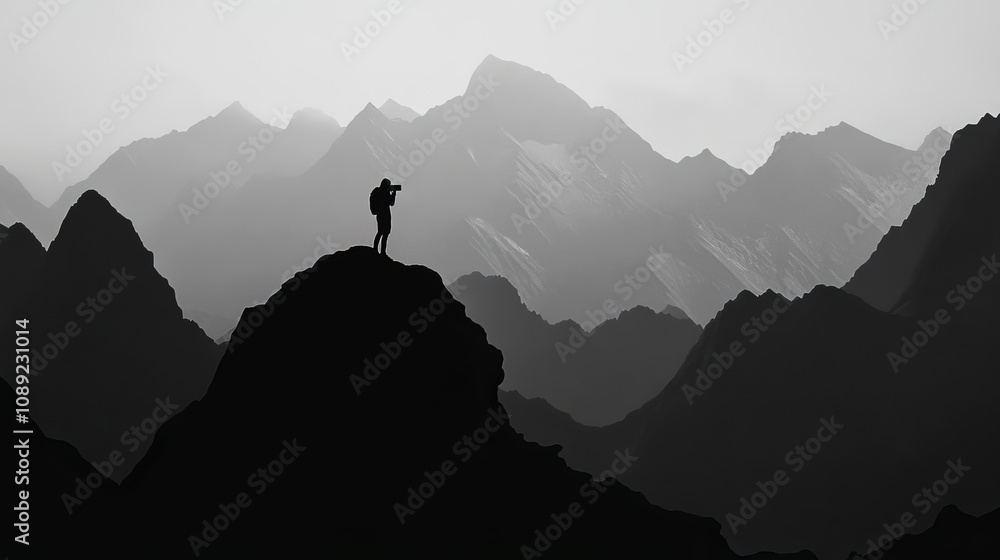 Photographer on a rock capturing a mountain landscape in silhouette. Photographer on a rock capturing a mountain landscape in silhouette.