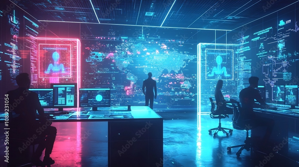 Futuristic Virtual Office with Immersive Holographic Workstations and Collaborative 3D Avatars Futuristic Virtual Office with Immersive Holographic Workstations and Collaborative 3D Avatars