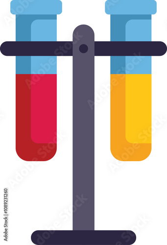 Two test tubes filled with colored liquid are sitting on a stand