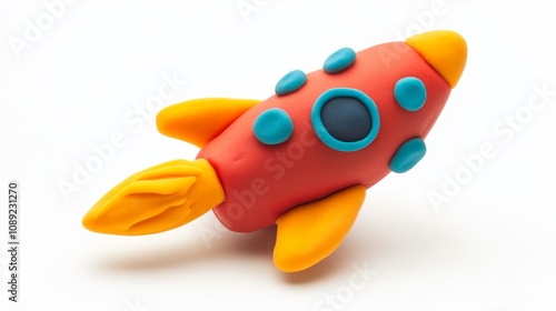 Play dough rocket on a white background, resembling a handmade clay icon. 