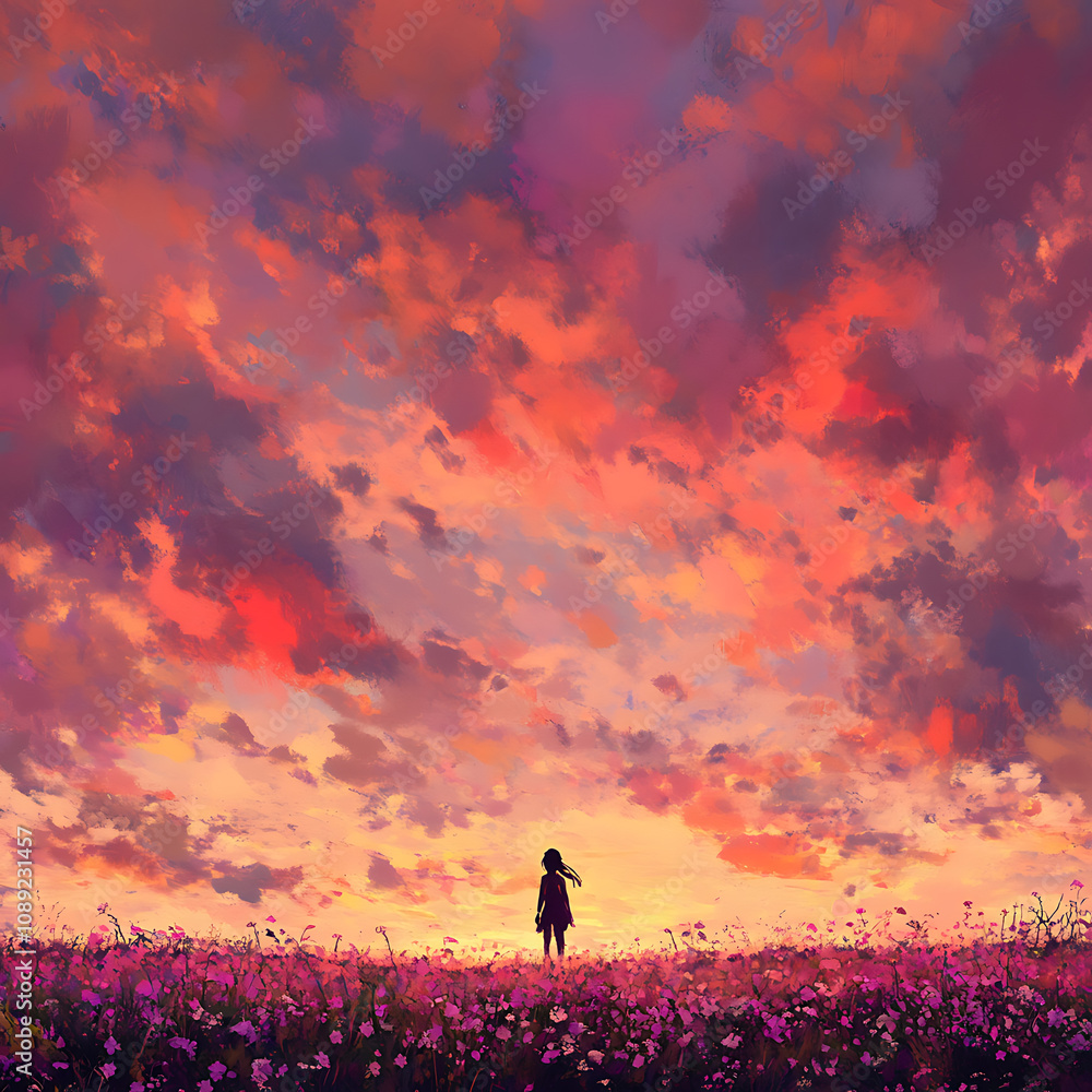 Fototapeta premium Serene Moment in Nature: A Silhouette Against a Vibrant Sunset Sky with Colorful Clouds and Blooming Flowers in the Foreground