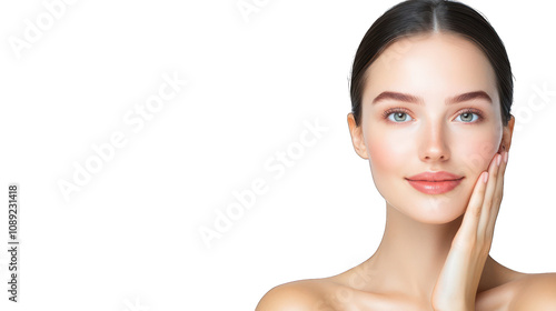 A woman with a radiant smile showcasing skincare benefits. Transparent background.