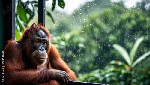 Serene Orangutan Gazing Through Raindappled Window Surrounded by Lush Greenery in a Tranquil Rainforest Environment photo