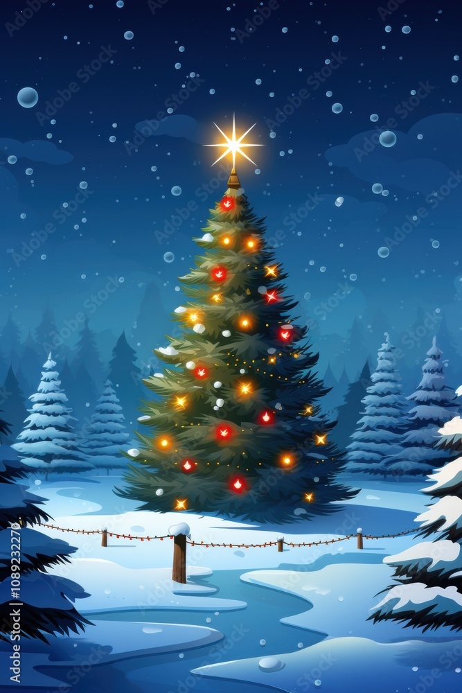 vector art of Christmas tree standing in the snow with ornaments and stars christmas festival vector art of Christmas tree standing in the snow with ornaments and stars christmas festival