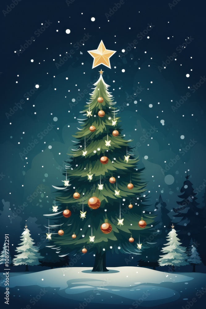 Obraz premium vector art of Christmas tree standing in the snow with ornaments and stars christmas festival