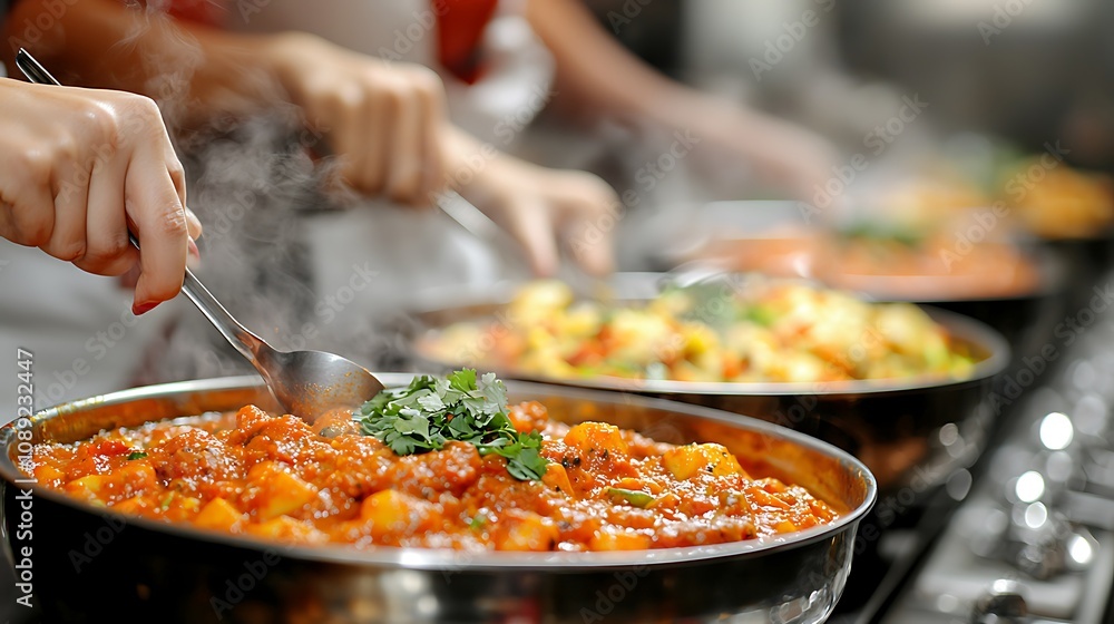 Close-up of hands serving steaming Indian curries in a buffet setting. Close-up of hands serving steaming Indian curries in a buffet setting.