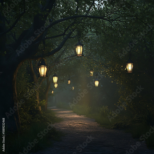 Enchanted Forest Pathway Illuminated by Hanging Lanterns Under a Mysterious Canopy of Lush Greenery and Soft Ambient Light for Magical Atmosphere photo