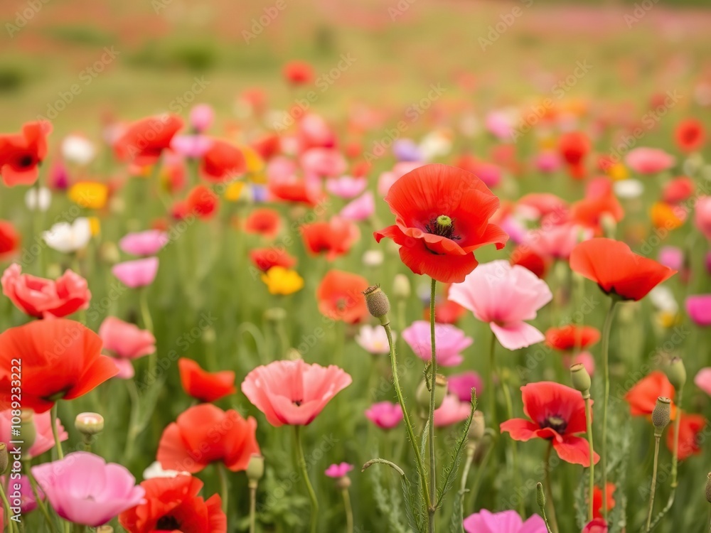 spring blooming poppy field in the countryside, colorful blooms, natural light spring blooming poppy field in the countryside, colorful blooms, natural light