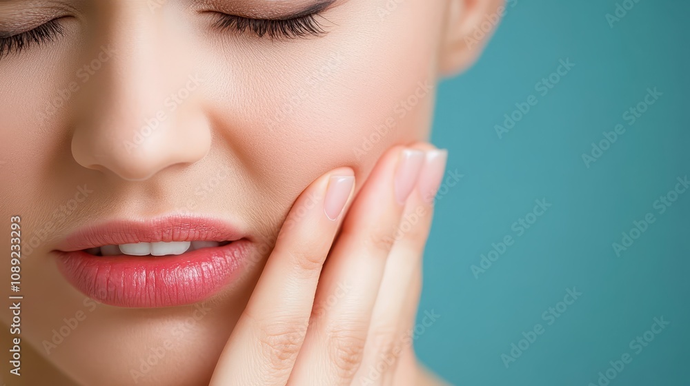 Obraz premium Serene portrait, a woman's contemplative expression with hand on face portrait