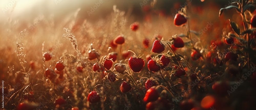 Sunny strawberry field during golden hour with ripe berries and soft grass swaying gently in the breeze Sunny strawberry field during golden hour with ripe berries and soft grass swaying gently in the breeze