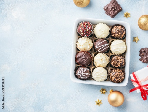 Holiday chocolates wrapped in red and gold foil cozy background