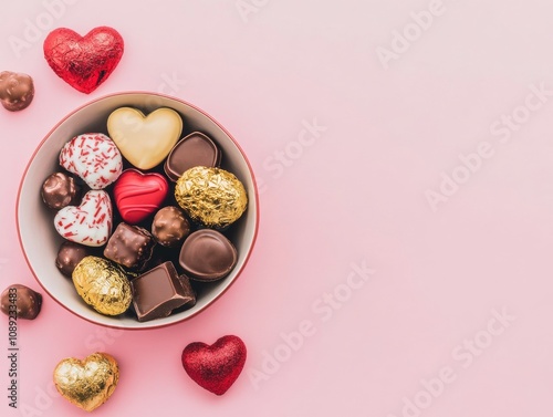 Holiday chocolates wrapped in red and gold foil cozy background