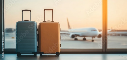 Luggage by the airport window with a plane in the background during sunset. photo