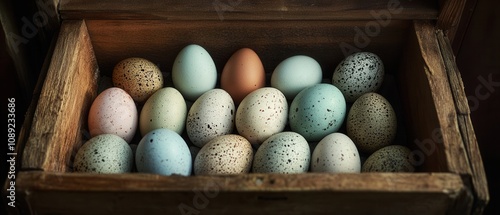 Colorful collection of decorative eggs displayed in a rustic wooden box for a creative spring celebration photo