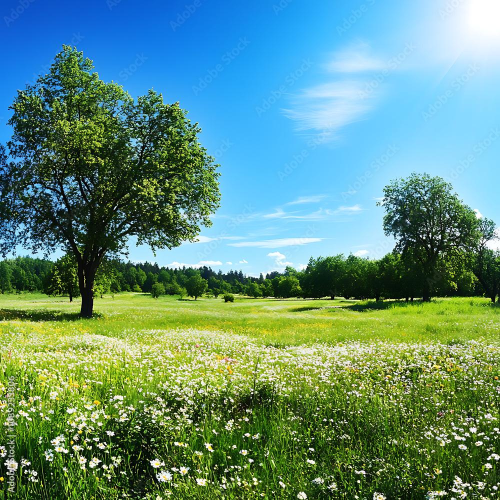 Lush Green Meadow Under Bright Blue Sky with Fluffy White Clouds and Warm Sunlight Illuminating Peaceful Natural Landscape in Spring Season Lush Green Meadow Under Bright Blue Sky with Fluffy White Clouds and Warm Sunlight Illuminating Peaceful Natural Landscape in Spring Season