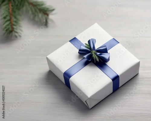 Holiday gift box with an elegant bow and pine decorations