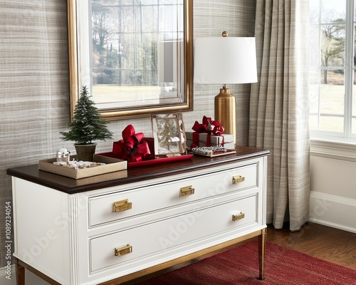 Holiday gift wrapping station with red ribbons gold paper