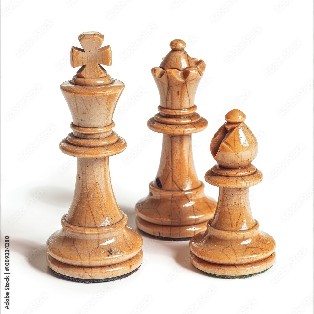 Aged wooden chess pieces showing wear and tear.