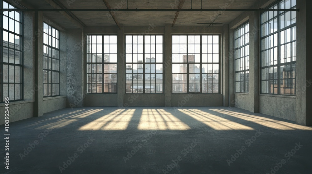 A spacious industrial interior with large windows casting shadows on the floor. A spacious industrial interior with large windows casting shadows on the floor.