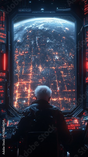 A old person back controls the system in the spacecraft. The spacecraft is the earth outside the spacecraft.