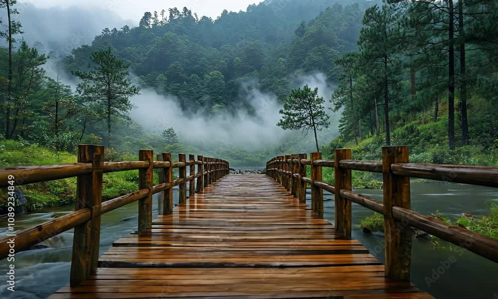 Serene wooden bridge over a misty river in a lush forest. Serene wooden bridge over a misty river in a lush forest.