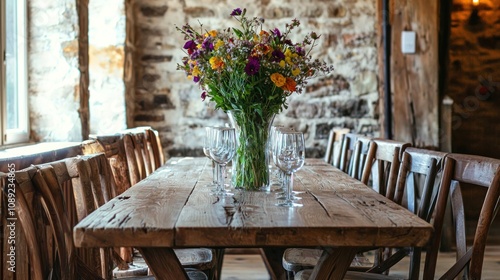 Fototapeta Naklejka Na Ścianę i Meble -  Wooden dining chairs around a rustic table with a vase of flowers