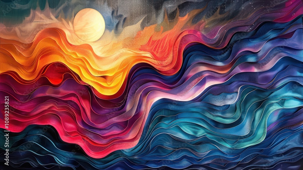 Abstract sunset landscape with vibrant wavy layers and a bright sun. Abstract sunset landscape with vibrant wavy layers and a bright sun.