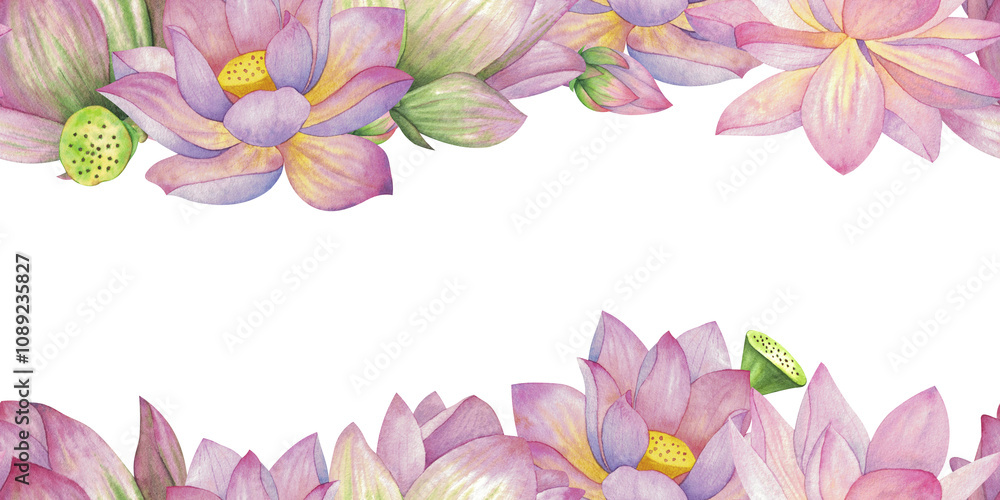 Pink lotuses, buds and flowers. Seamless pattern, frame, banner. Watercolor illustration isolated on background. Blank For design, decor, websites and printing, textiles Pink lotuses, buds and flowers. Seamless pattern, frame, banner. Watercolor illustration isolated on background. Blank For design, decor, websites and printing, textiles