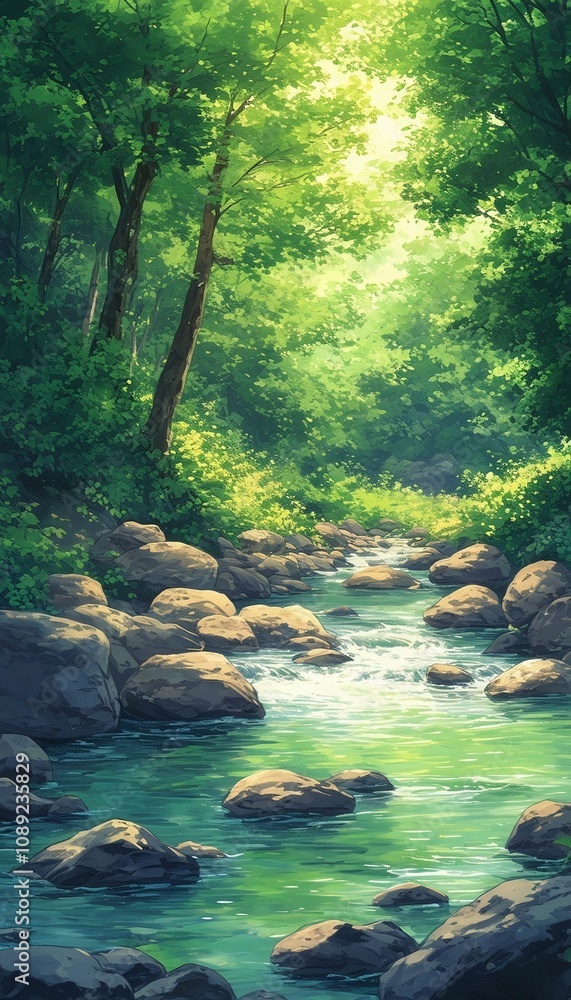 Naklejka premium Peaceful forest stream with sunlight filtering through dense green foliage, tranquil nature scene, painting