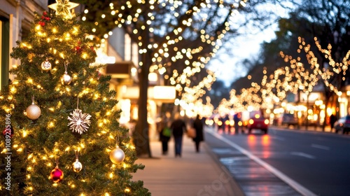 Holiday shoppers in an old-fashioned Christmas village warmly lit shops