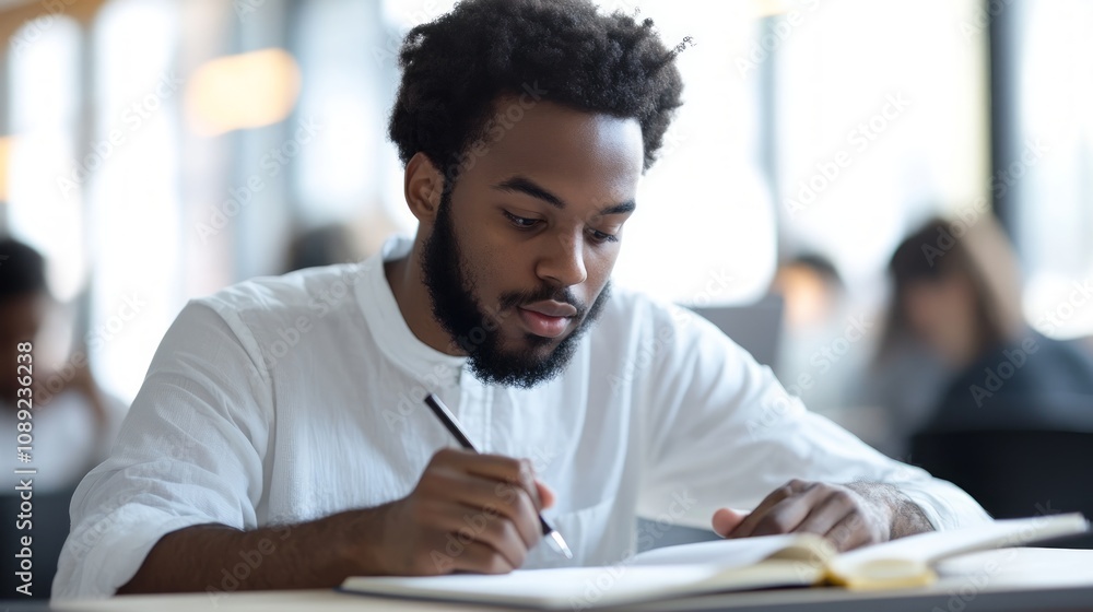 Portrait of an African American male student writing in a notebook while sitting at a desk in a classroom. He appears focused on taking notes during the class Portrait of an African American male student writing in a notebook while sitting at a desk in a classroom. He appears focused on taking notes during the class