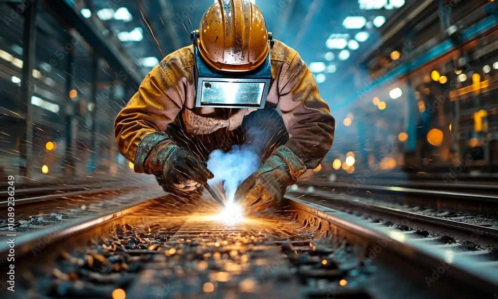 Worker welding metal with sparks flying in an industrial setting. Worker welding metal with sparks flying in an industrial setting.
