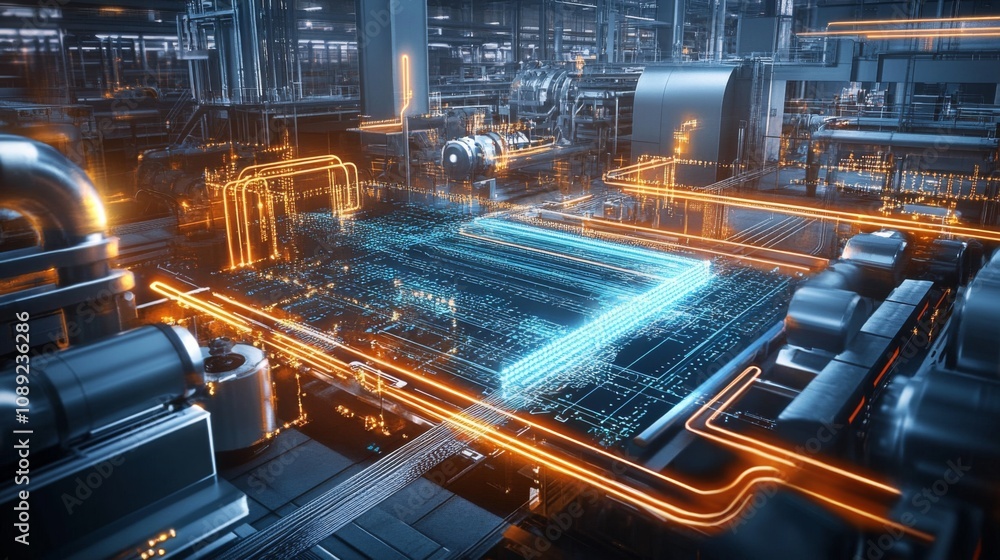 Abstract Futuristic Industrial Space with Intricate Circuit Board Network Representing Technology and Data Interconnectedness