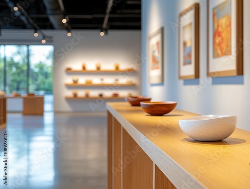 modern interior design featuring decorative bowls and artwork